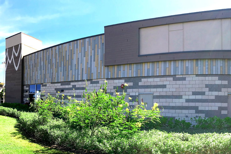 long concrete block building